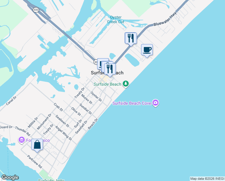 map of restaurants, bars, coffee shops, grocery stores, and more near 123 Surf Drive in Freeport