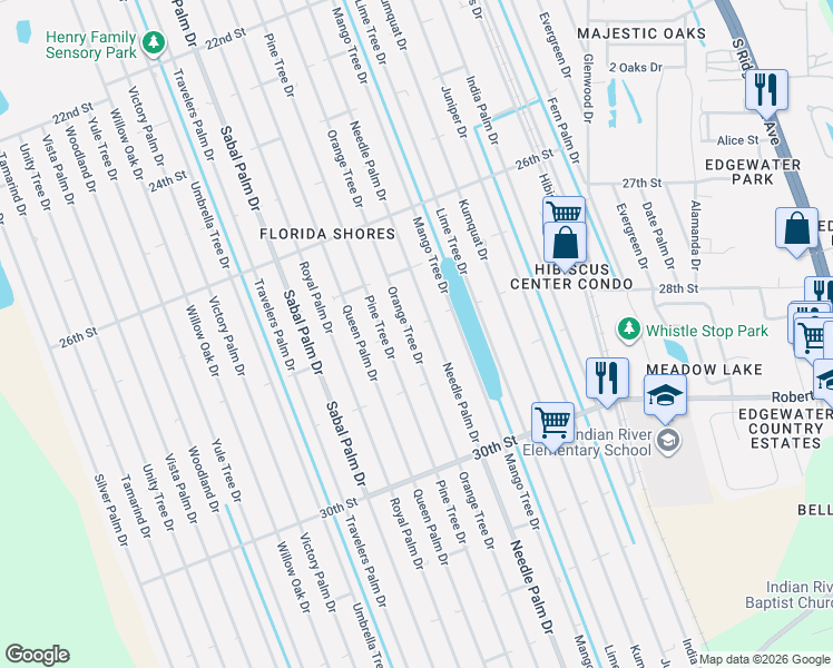 map of restaurants, bars, coffee shops, grocery stores, and more near 2729 Orange Tree Drive in Edgewater