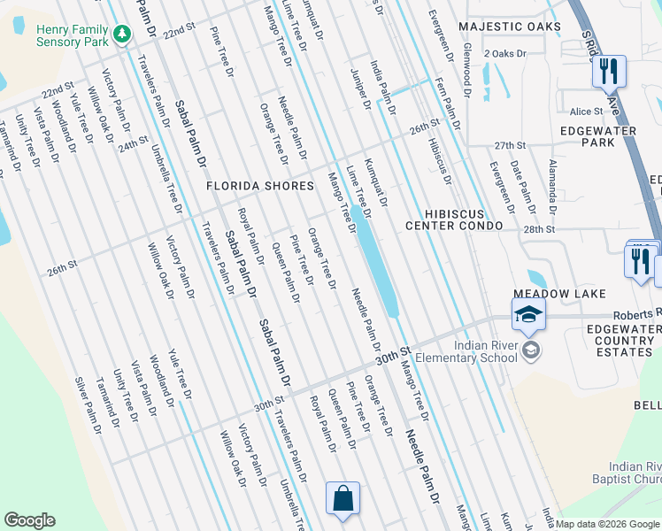 map of restaurants, bars, coffee shops, grocery stores, and more near 2729 Orange Tree Drive in Edgewater