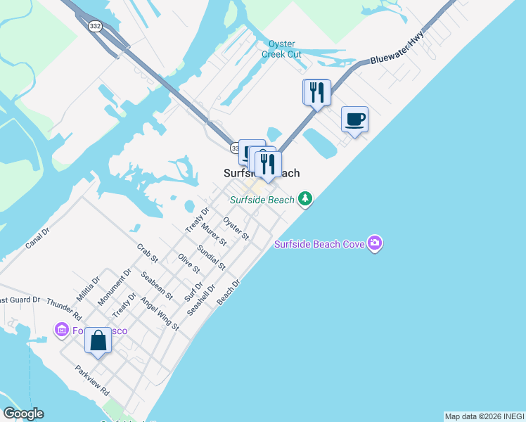 map of restaurants, bars, coffee shops, grocery stores, and more near 123 Surf Drive in Freeport