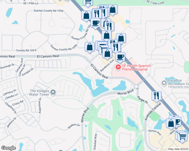 map of restaurants, bars, coffee shops, grocery stores, and more near 1550 El Camino Real in The Villages