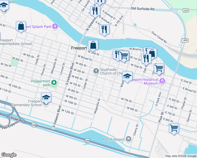 map of restaurants, bars, coffee shops, grocery stores, and more near 726 West 5th Street in Freeport