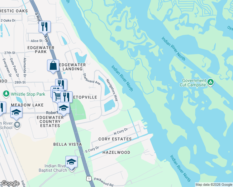 map of restaurants, bars, coffee shops, grocery stores, and more near 751 Navigators Way in Edgewater