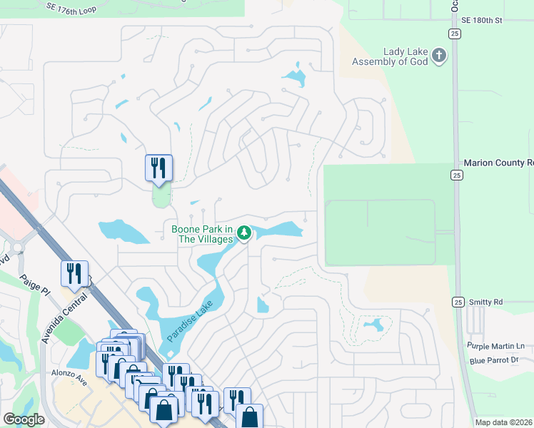 map of restaurants, bars, coffee shops, grocery stores, and more near 731 Heathrow Avenue in Lady Lake