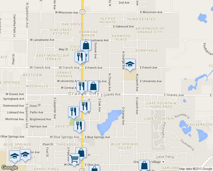 map of restaurants, bars, coffee shops, grocery stores, and more near 396 East University Avenue in Orange City