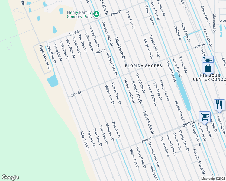 map of restaurants, bars, coffee shops, grocery stores, and more near 2624 Victory Palm Drive in Edgewater
