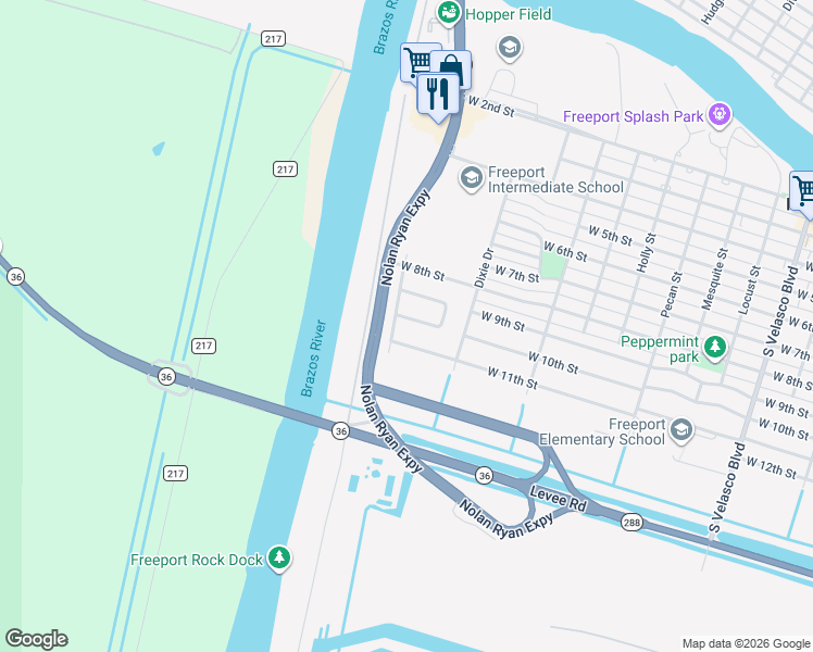 map of restaurants, bars, coffee shops, grocery stores, and more near 1805 Acacia Circle in Freeport