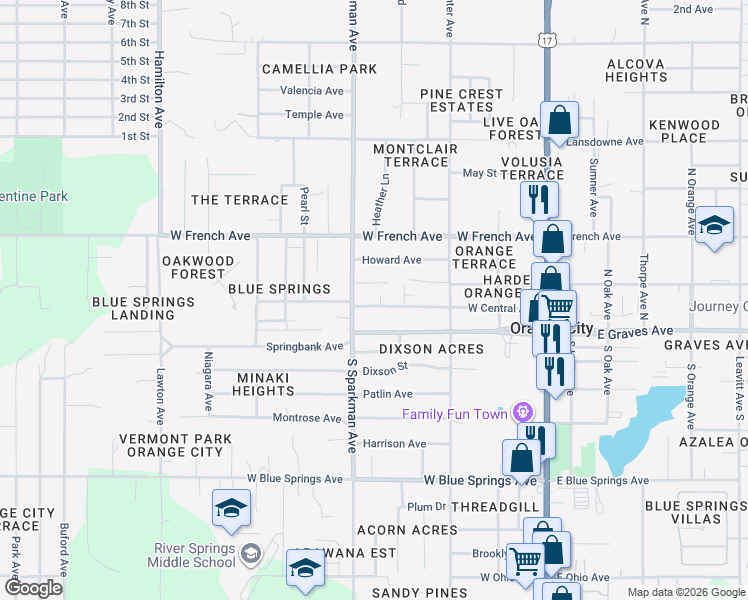 map of restaurants, bars, coffee shops, grocery stores, and more near 203 Woodhills Court in Orange City