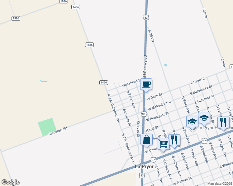 map of restaurants, bars, coffee shops, grocery stores, and more near 921 North Burton Avenue in La Pryor