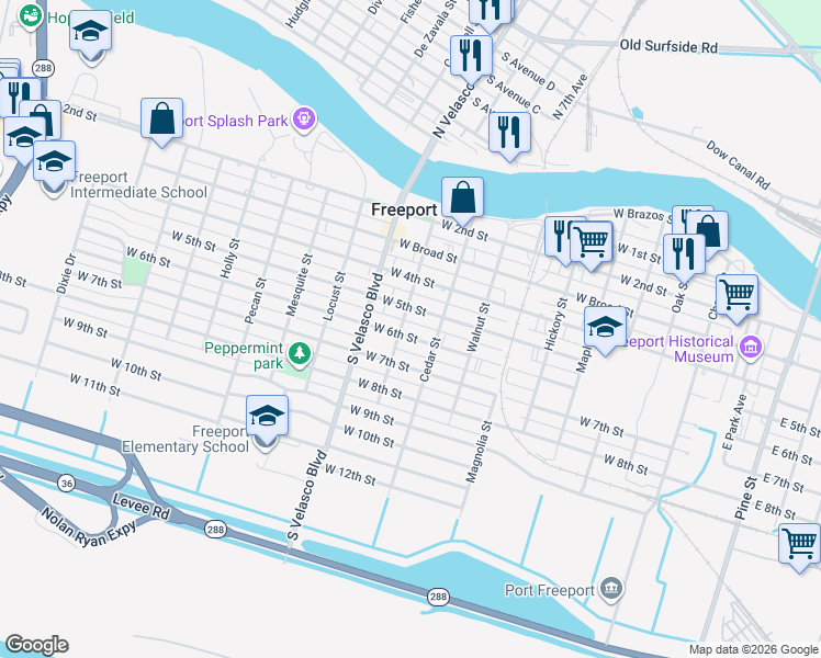map of restaurants, bars, coffee shops, grocery stores, and more near 926 West 6th Street in Freeport