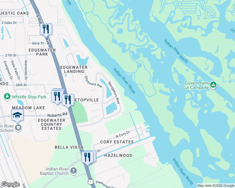 map of restaurants, bars, coffee shops, grocery stores, and more near 751 Navigators Way in Edgewater