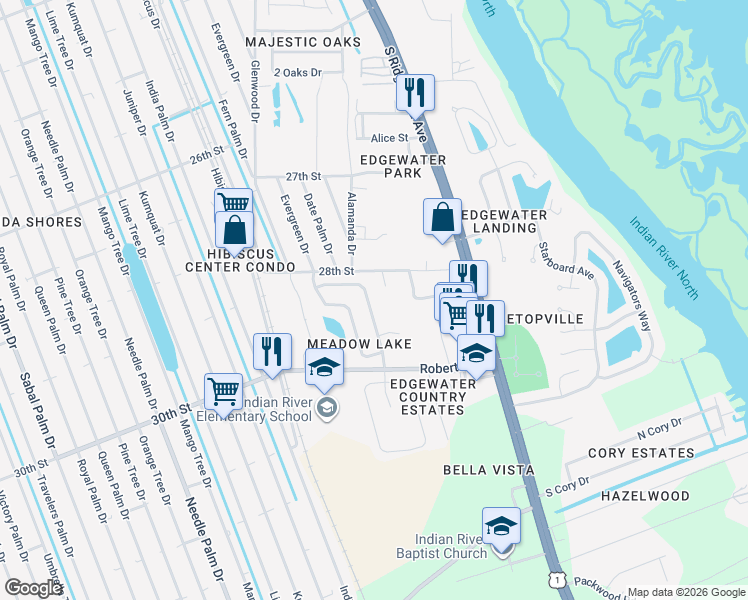 map of restaurants, bars, coffee shops, grocery stores, and more near 221 Meadow Lake Drive in Edgewater