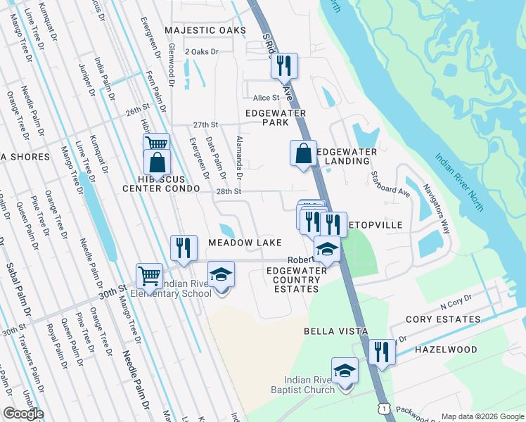 map of restaurants, bars, coffee shops, grocery stores, and more near 221 Meadow Lake Drive in Edgewater