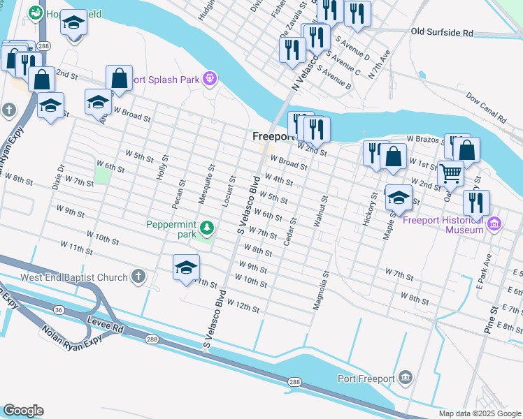 map of restaurants, bars, coffee shops, grocery stores, and more near 1014 West 6th Street in Freeport