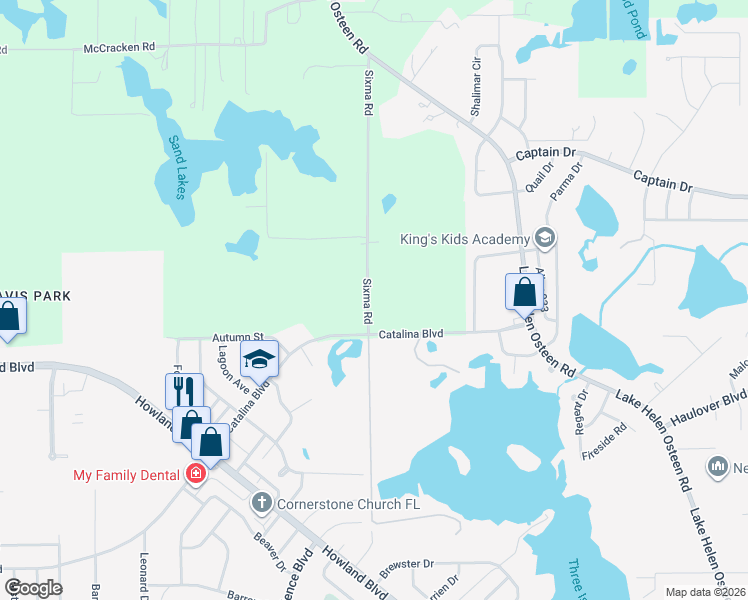map of restaurants, bars, coffee shops, grocery stores, and more near 3007 Sixma Road in Deltona