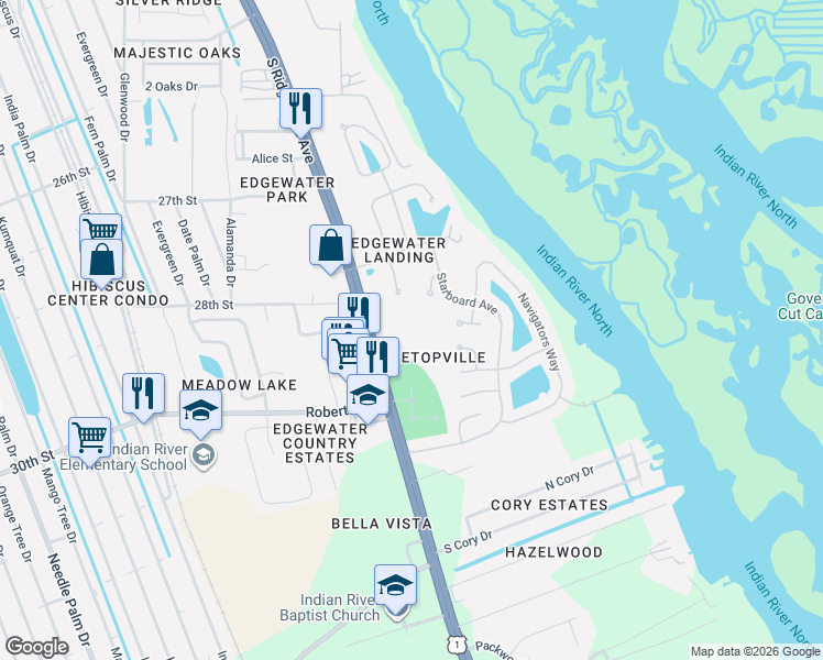 map of restaurants, bars, coffee shops, grocery stores, and more near 2901-2999 South Ridgewood Avenue in Edgewater