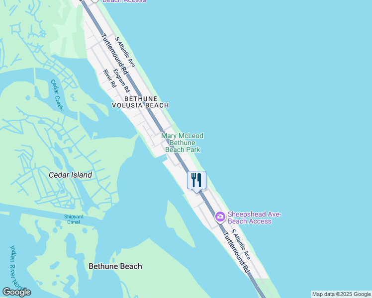 map of restaurants, bars, coffee shops, grocery stores, and more near County Road A1A in New Smyrna Beach