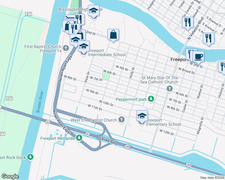 map of restaurants, bars, coffee shops, grocery stores, and more near 1611 West 8th Street in Freeport