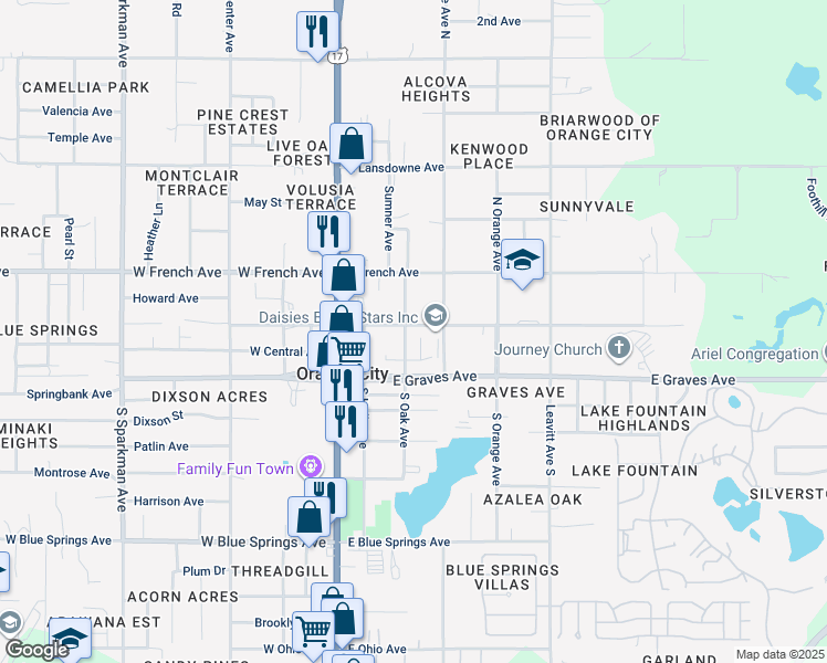 map of restaurants, bars, coffee shops, grocery stores, and more near 396 East University Avenue in Orange City