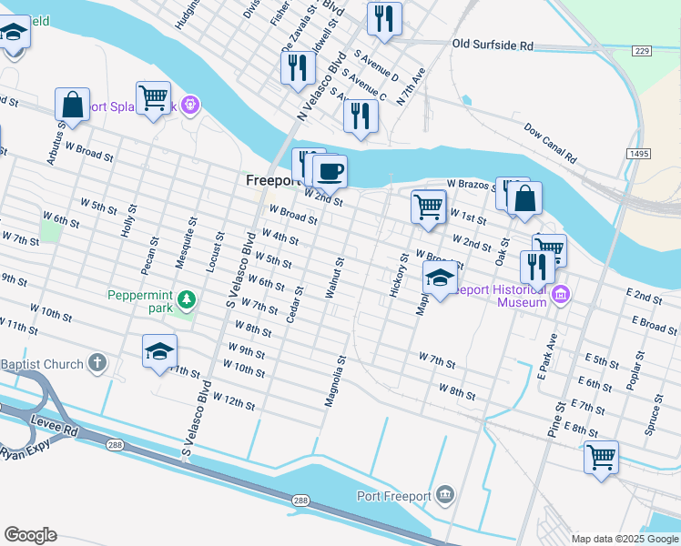 map of restaurants, bars, coffee shops, grocery stores, and more near 726 West 5th Street in Freeport