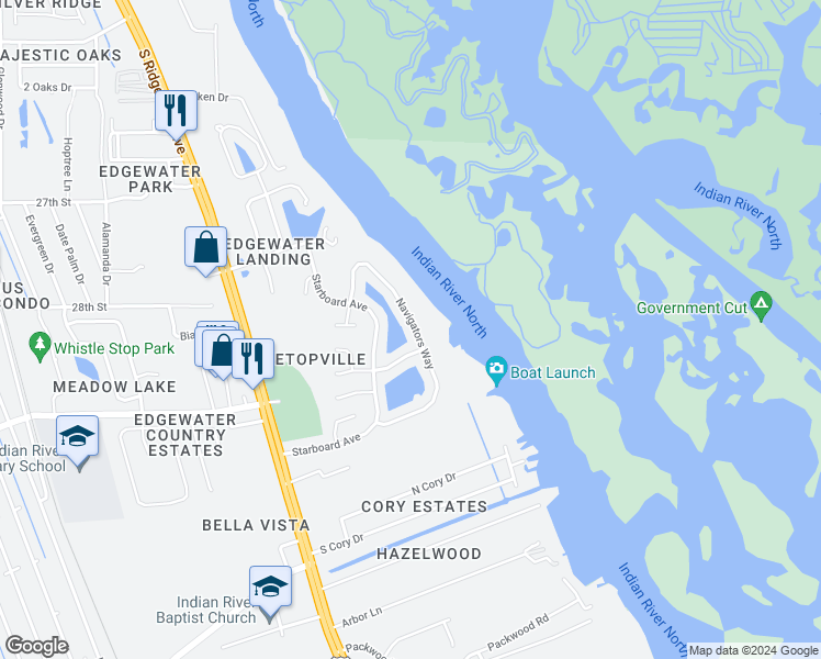 map of restaurants, bars, coffee shops, grocery stores, and more near 732 Navigators Way in Edgewater