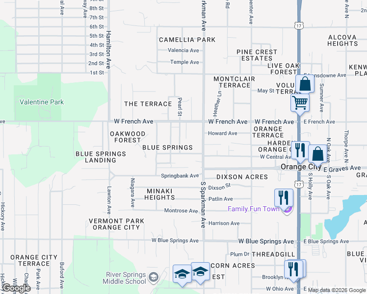 map of restaurants, bars, coffee shops, grocery stores, and more near 897 Crittenden Avenue in Orange City