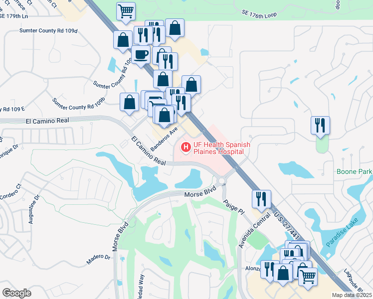 map of restaurants, bars, coffee shops, grocery stores, and more near 1451 El Camino Real in The Villages