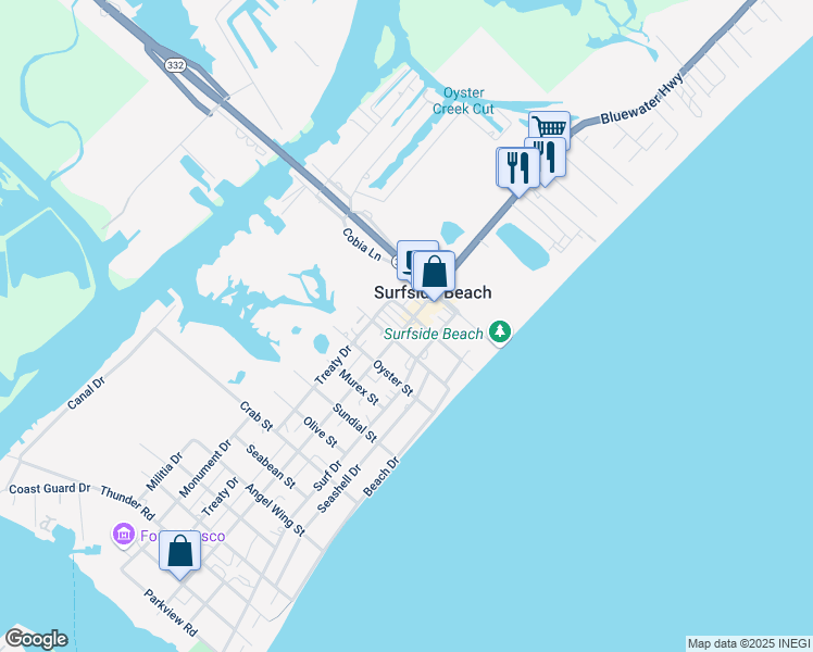 map of restaurants, bars, coffee shops, grocery stores, and more near 217 Fort Velasco Drive in Surfside Beach