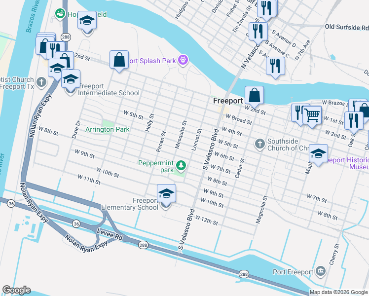 map of restaurants, bars, coffee shops, grocery stores, and more near 1230 West 7th Street in Freeport