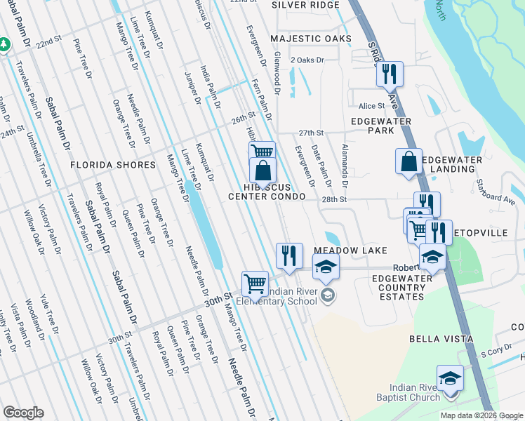 map of restaurants, bars, coffee shops, grocery stores, and more near 2831 India Palm Drive in Edgewater