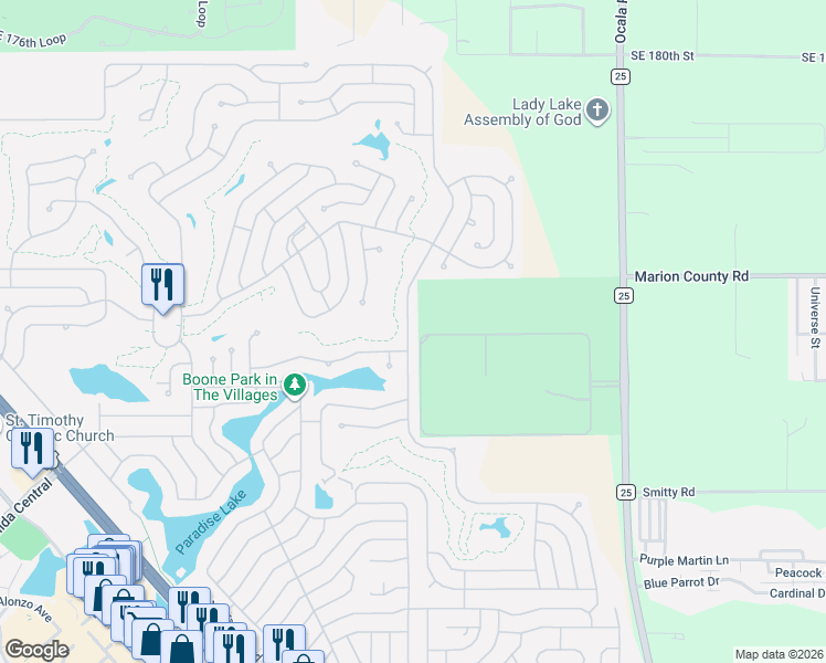 map of restaurants, bars, coffee shops, grocery stores, and more near 701 Heathrow Avenue in Lady Lake