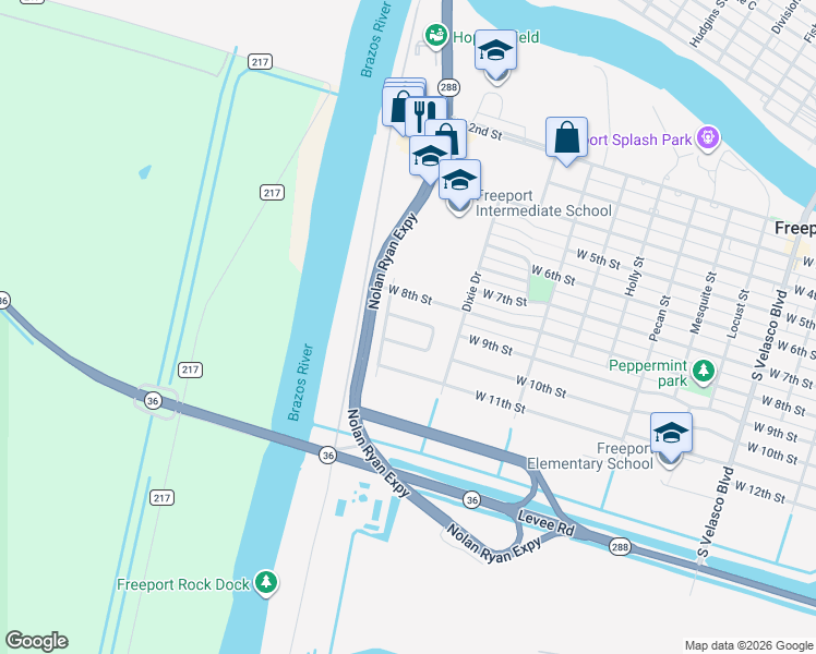 map of restaurants, bars, coffee shops, grocery stores, and more near 1805 Acacia Circle in Freeport