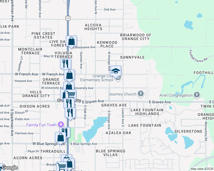map of restaurants, bars, coffee shops, grocery stores, and more near 475 East University Avenue in Orange City