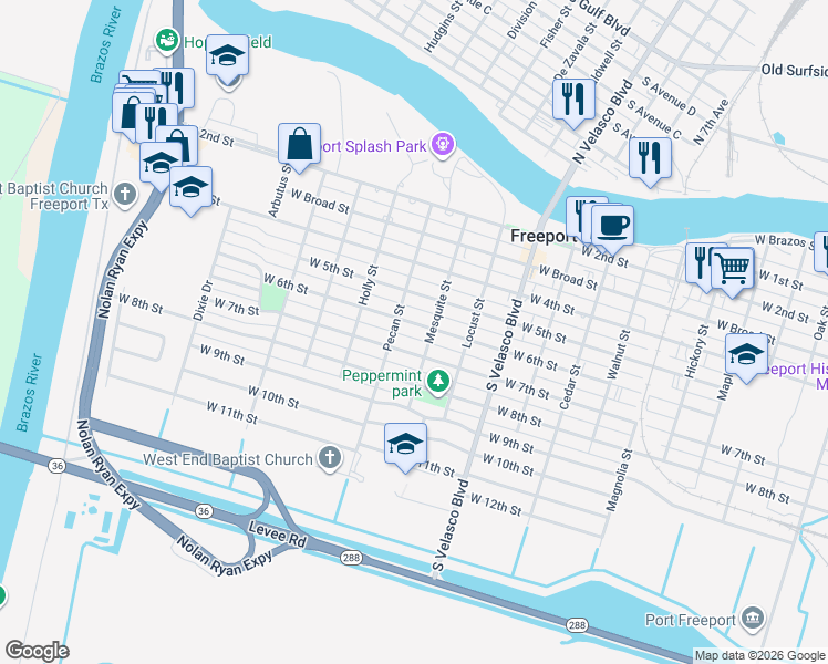 map of restaurants, bars, coffee shops, grocery stores, and more near 1307 West 5th Street in Freeport