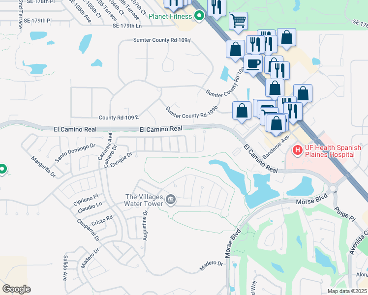 map of restaurants, bars, coffee shops, grocery stores, and more near 1508 Esparza Place in The Villages