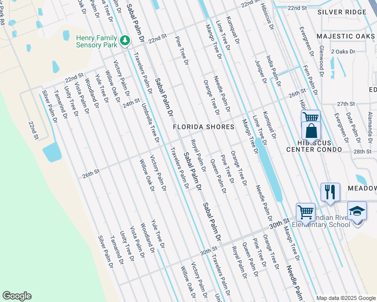 map of restaurants, bars, coffee shops, grocery stores, and more near 2619 Sabal Palm Drive in Edgewater