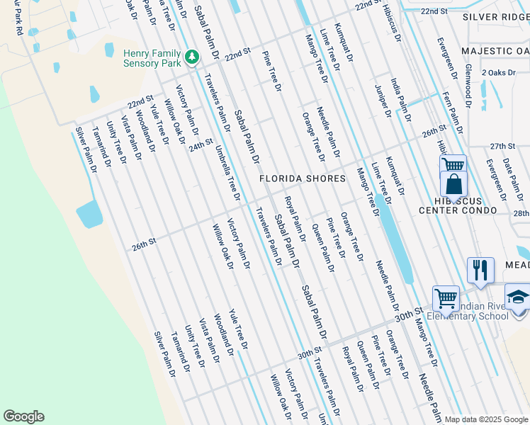 map of restaurants, bars, coffee shops, grocery stores, and more near 2604 Travelers Palm Drive in Edgewater