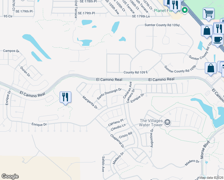 map of restaurants, bars, coffee shops, grocery stores, and more near 2133 Barbosa Court in The Villages