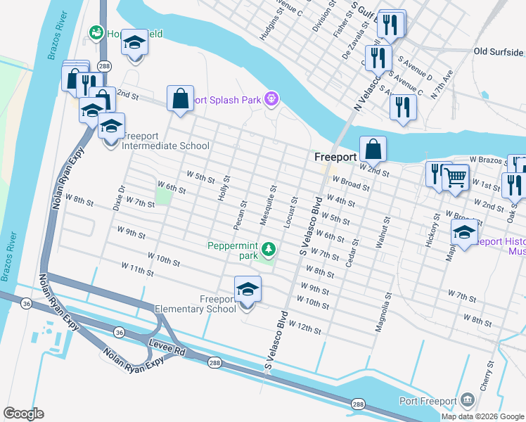 map of restaurants, bars, coffee shops, grocery stores, and more near 1307 West 5th Street in Freeport