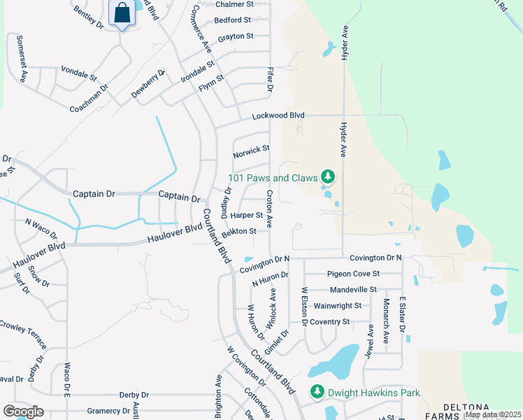 map of restaurants, bars, coffee shops, grocery stores, and more near 2970 Harper Street in Deltona