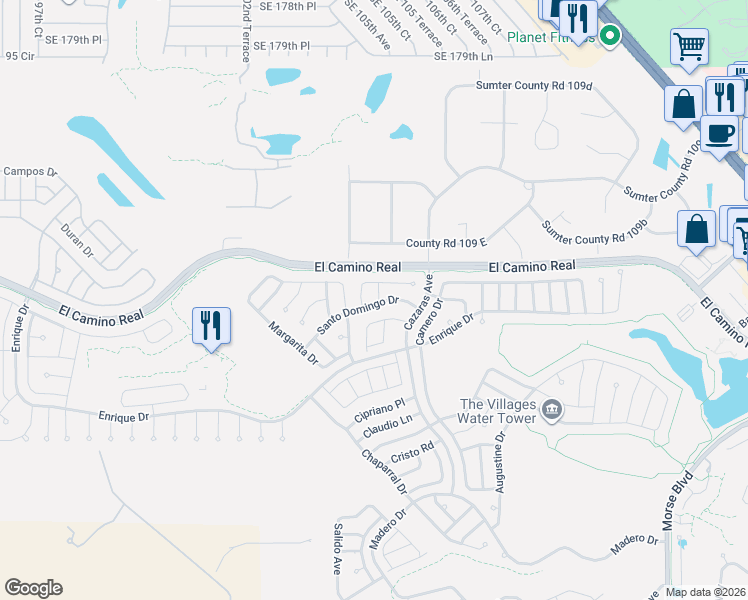 map of restaurants, bars, coffee shops, grocery stores, and more near 2013 Santo Domingo Drive in The Villages
