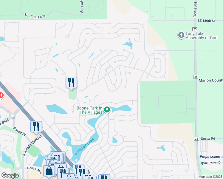 map of restaurants, bars, coffee shops, grocery stores, and more near 1528 Hillcrest Drive in Lady Lake