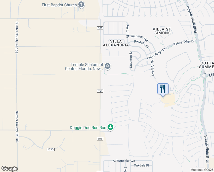 map of restaurants, bars, coffee shops, grocery stores, and more near 3552 Sterling Street in The Villages