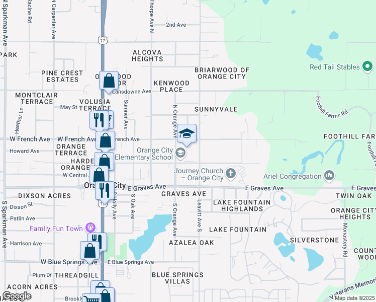 map of restaurants, bars, coffee shops, grocery stores, and more near 555 East University Avenue in Orange City