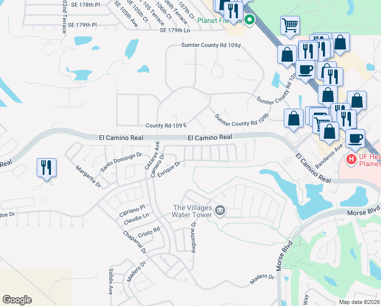 map of restaurants, bars, coffee shops, grocery stores, and more near 1508 Alcaraz Place in The Villages