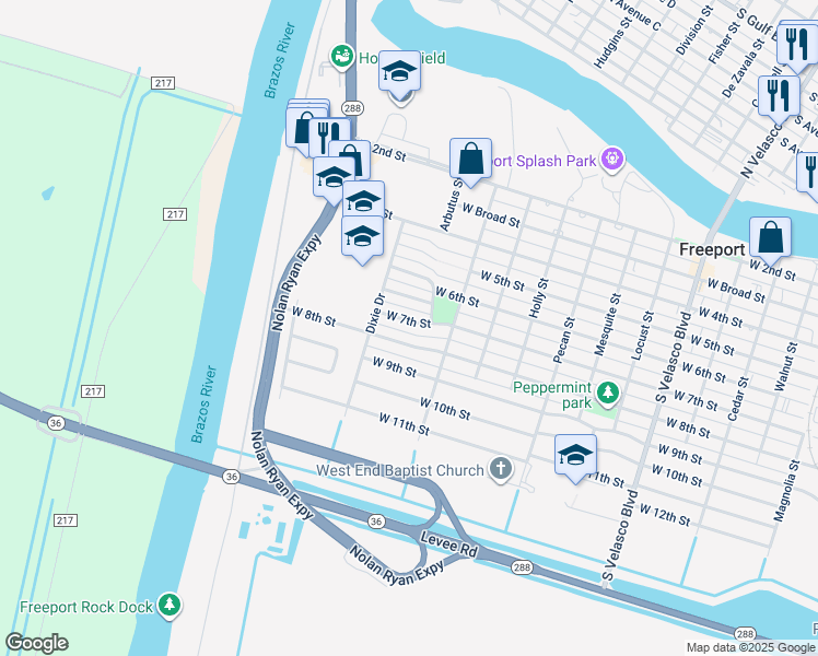 map of restaurants, bars, coffee shops, grocery stores, and more near 1727 West 7th Street in Freeport