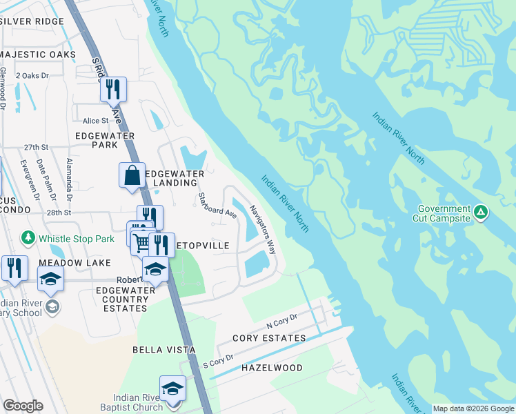 map of restaurants, bars, coffee shops, grocery stores, and more near 727 Navigators Way in Edgewater