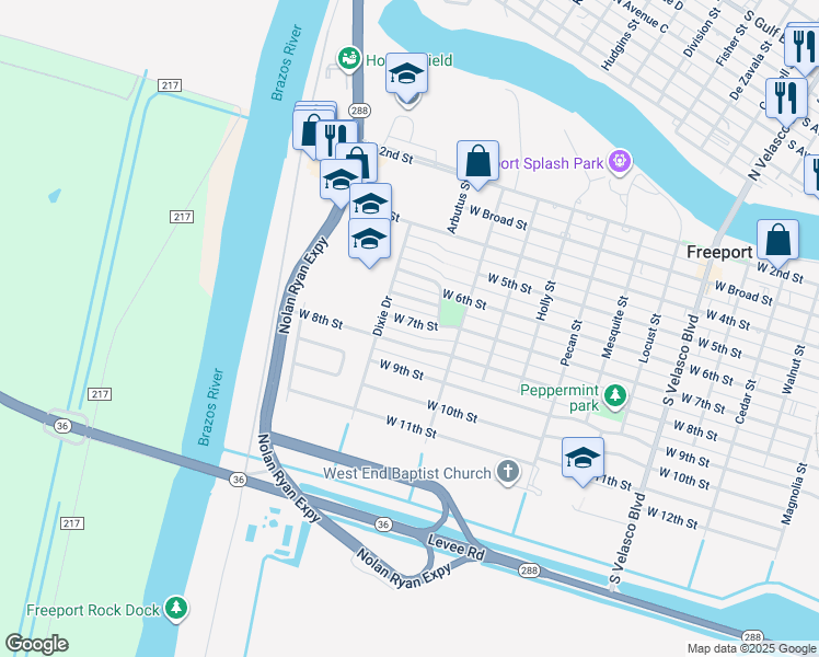 map of restaurants, bars, coffee shops, grocery stores, and more near 1727 West 7th Street in Freeport