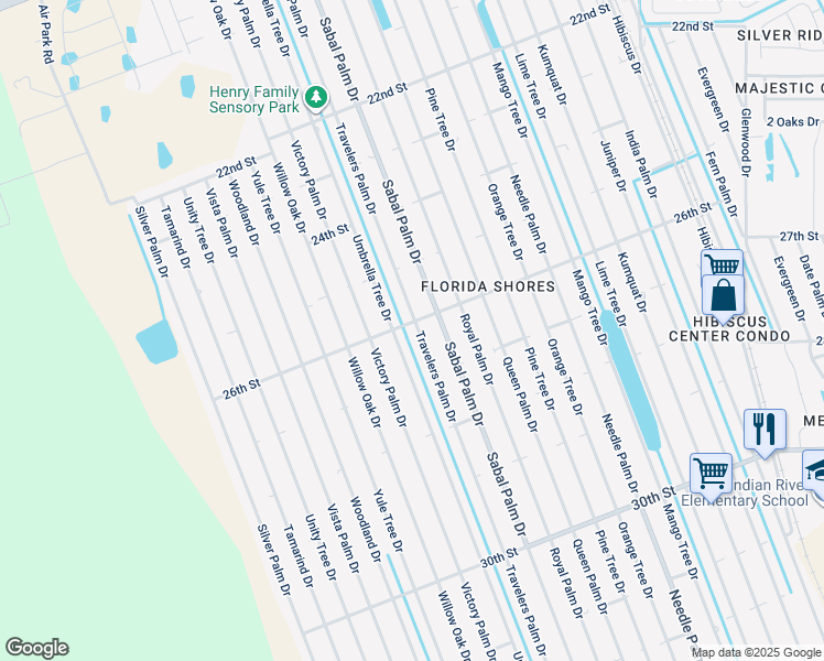 map of restaurants, bars, coffee shops, grocery stores, and more near 2604 Travelers Palm Drive in Edgewater
