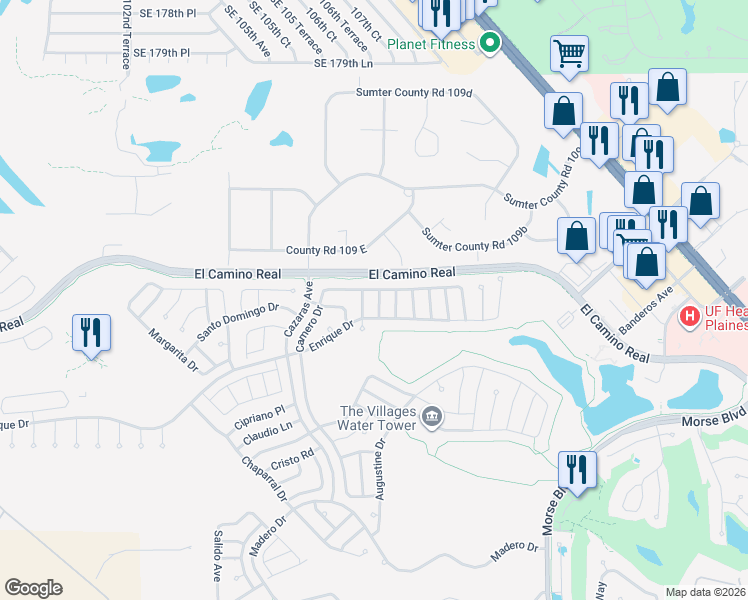 map of restaurants, bars, coffee shops, grocery stores, and more near 1508 Alcaraz Place in The Villages